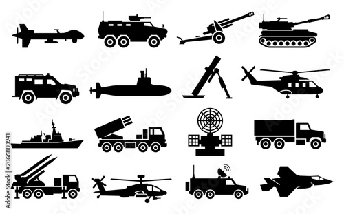 Military Vehicles and Weaponry Silhouette Vector Illustration Asset Bundle