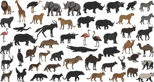 Photography Mega Wildlife Safari Animal Vector Collection Featuring Dark Silhouettes and Col
