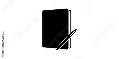 Notebook and pen set with solid black silhouette icon on white background featuring stationery, writing tools, flat design with vector and line art, notebook with a pen Icon silhouette vector white b