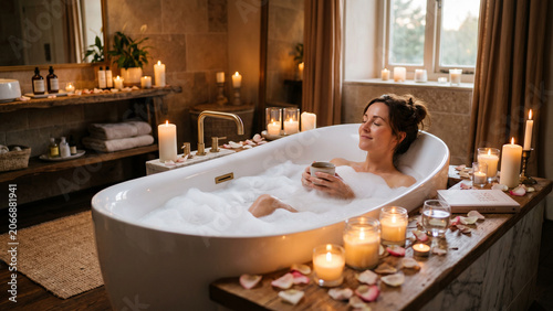 Woman Relaxing in Bathtub with Foam, Candles and Flower Petals, Cozy Home Spa Mood