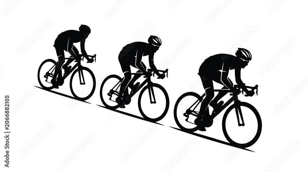 Obraz premium Minimalist black vector illustration showing three competitive cyclists racing uphill on a white isolated background