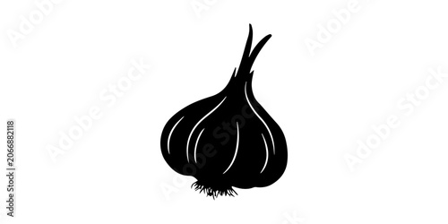 Detailed black silhouette of a fresh garlic bulb with roots and stem isolated on a white background, perfect for culinary designs, organic food labels, or healthy cooking icons.Garlic Icon silhouette 