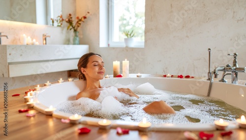 Woman Relaxing in Bathtub with Foam, Candles and Flower Petals, Cozy Home Spa Mood
