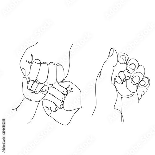 One line drawing illustration of a baby holding parent finger. Cute newborn drawn from the hand. Modern minimalism art. Little kid in the minimalist style. Vector illustration