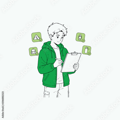 Tableau sur toile Young Man Checking Outdoor Camping Gear List on Clipboard, Preparing for Adventu