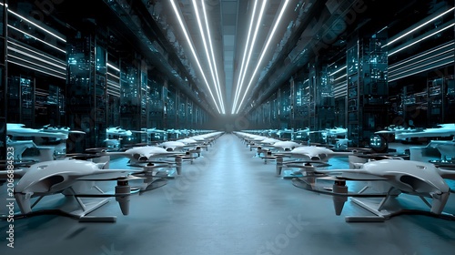 Futuristic Automated Drone Assembly Line in High Tech Factory.