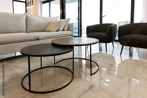 Modern luxury living room interior with panoramic windows