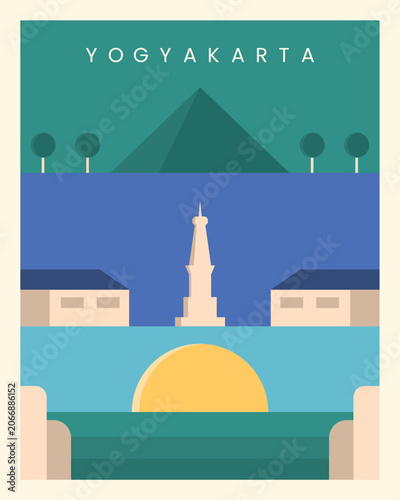 Yogyakarta skyline at sunrise, calm and serene. Modern design blends culture and nature beautifully. Simple shapes, bold colors, tranquil atmosphere. Ideal for travel, tourism, or cultural promotion