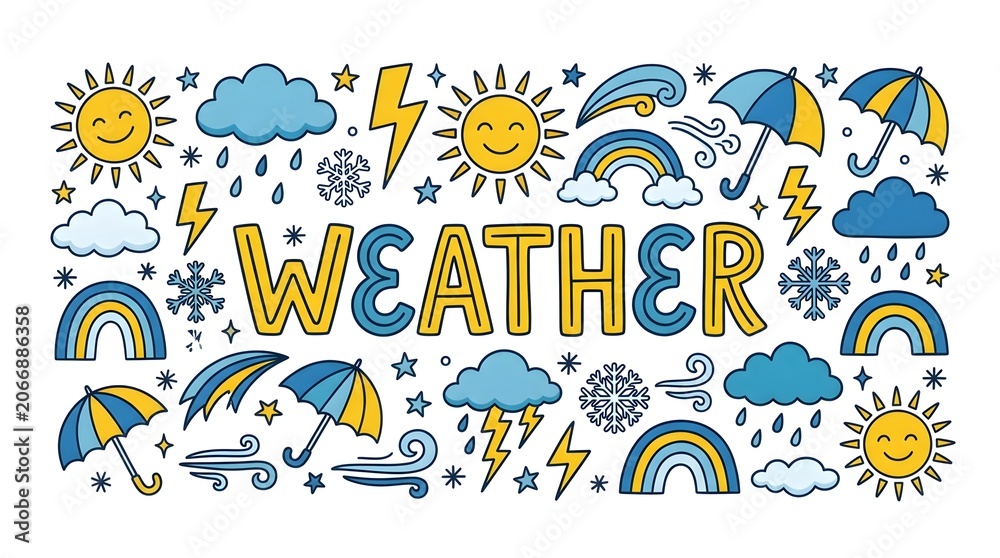 Naklejka premium A colorful and whimsical illustration of various weather elements surrounding the word WEATHER. The scene includes smiling suns, fluffy clouds, rainbows, rain, lightning, snowflakes, and umbrellas.