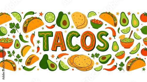 A vibrant illustration of various taco ingredients and tacos, spelling out the word TACOS. Features include avocados, limes, tomatoes, cilantro, chili peppers, and tortillas.