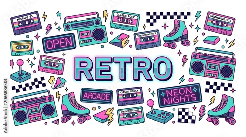 Retro party graphic with cassette tape, boombox, roller skate, joystick, and neon sign elements