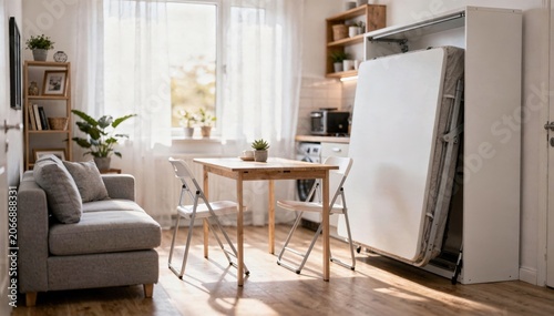 Studio apartment with cleverly designed foldable furniture and bright natural lighting showcased in medium shot while keeping surroundings softly out of focus.