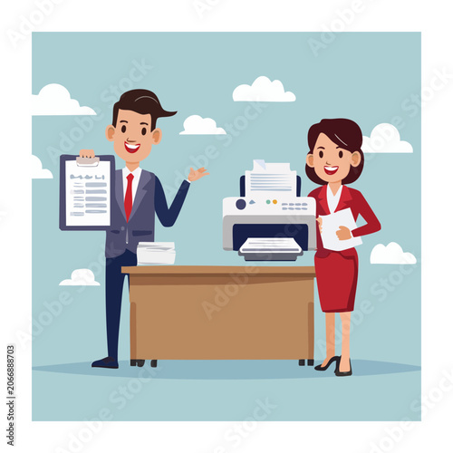 Business people working in office with printer and documents