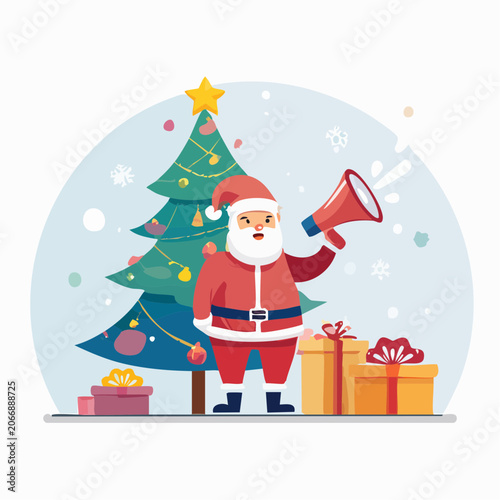 Santa Claus with Megaphone and Christmas Tree