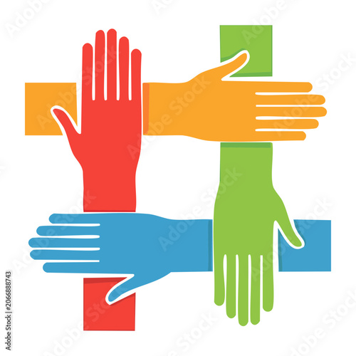 Colorful hands forming a plus sign, symbolizing teamwork and unity