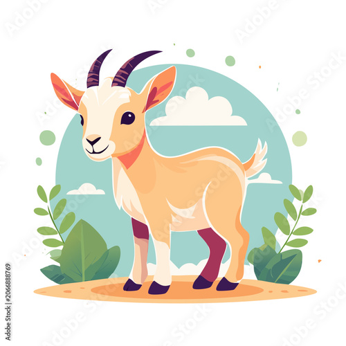 Cute cartoon goat illustration with plants and clouds