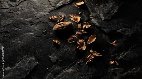 Golden Leaves on Dark Rocky Surface