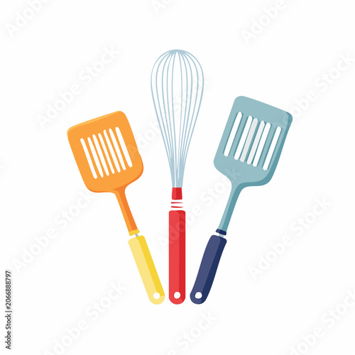 Set of colorful kitchen utensils: whisk and spatulas