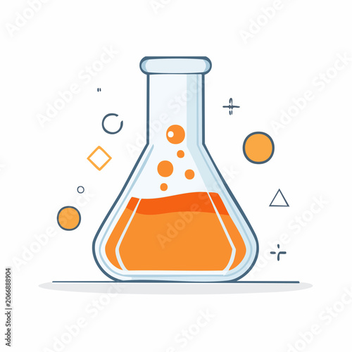 Illustration of a science flask with orange liquid and bubbles