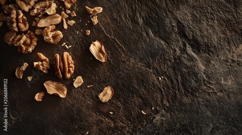 Scattered Walnuts on Dark Stone Surface