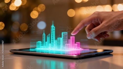 Hand interacting with digital cityscape on tablet