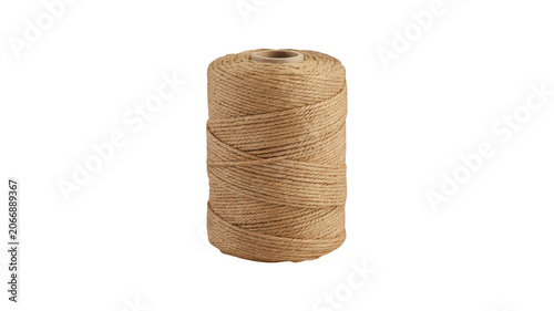 A vertical spool of thick natural jute twine string isolated on a solid black background, for craft and, industrial packaging projects