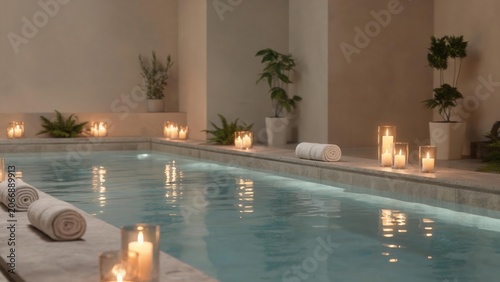 Indoor pool with candles and plants