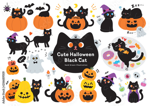 ハロウィンのかわいい黒猫イラスト素材セット