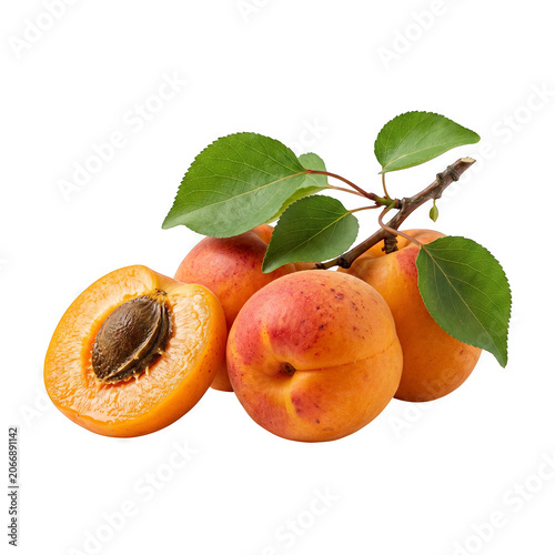 Fresh Apricot Fruits with Leaves and Halved Stone Fruit Generative AI