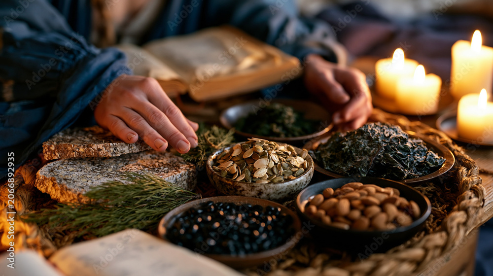 Fototapeta premium Hands arranging foods rich in magnesium including pumpkin seeds, dark leafy greens, almonds, black beans, and whole grain bread on a bedside table in a candlelit bedroom, a sleep journal open nearby