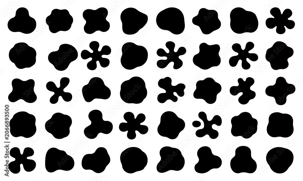 Fototapeta premium Set of forty black organic amorphous blob silhouettes creating a modern high contrast look for creative professional designs.