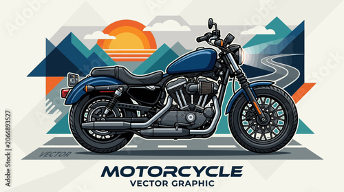 Billede på lærred Modern Cruiser Motorcycle Vector Illustration Featuring Scenic Mountain Road Bac