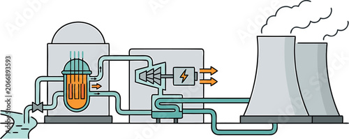Nuclear power plant diagram line style illustration on a white background