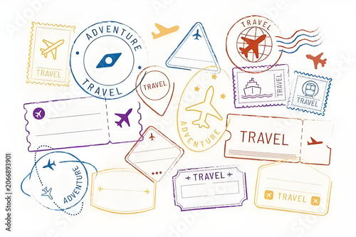 Collection of Travel Stamps, Tickets, and Tourism Icons Set