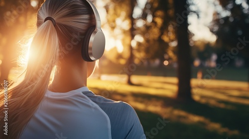 Woman Listening to Music with Headphones in Park at Sunset