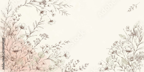 Foto Botanical Elegance: Delicate, hand-drawn botanical illustrations adorn the frame with subtle hues of pink and beige, creating an atmosphere of soft, natural beauty
