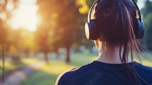 Woman Listening to Music on Headphones in Park at Sunset
