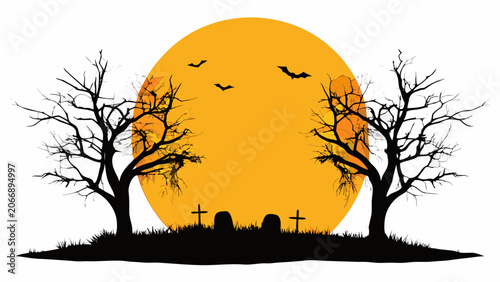 Foto Graveyard silhouette against a large orange moon featuring bare trees and tombst