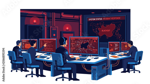 Cybersecurity Team Working in High Tech Digital Command Center Monitoring Global Network Security. EPS Editable. Vector Illustrations.