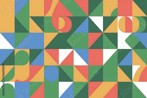 Geometric mosaic pattern with colorful squares and triangles and stylized graphic elements.