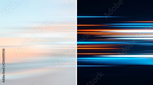 Light trails streaking across a split background with bright daylight and dark neon illumination conceptualizing speed and technology