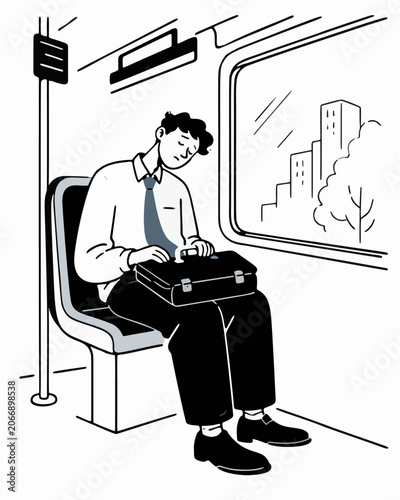 Obraz na plátně flat illustration of tired man dozing on city bus with briefcase
