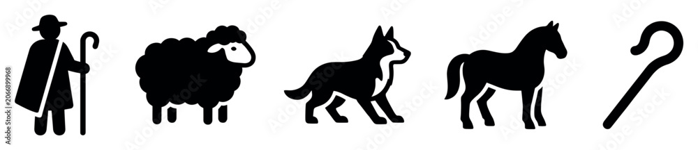 Obraz premium Farm animal icons set. Agriculture and livestock concept. Includes shepherd, sheep, dog, horse, shepherd's crook. Solid black silhouette style
