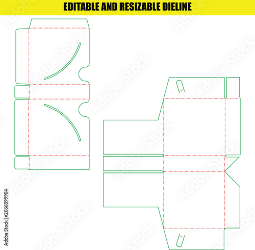 Advanced packaging box dieline layout with detailed cut and fold lines for custom product container manufacturing
