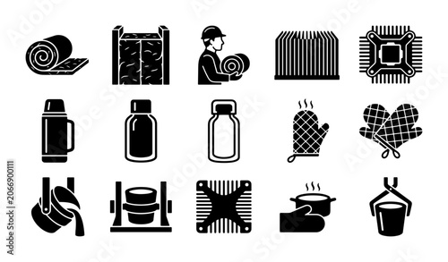Bild auf Leinwand Industrial insulation and thermal protection icons, 15 black glyph vector set, h