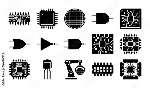 Bild auf Leinwand Semiconductor manufacturing icons set, microchip and electronic circuit symbols,