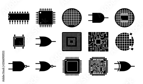 Tableau sur toile Electronic microchip and semiconductor icons set, 15 black vector silhouettes of