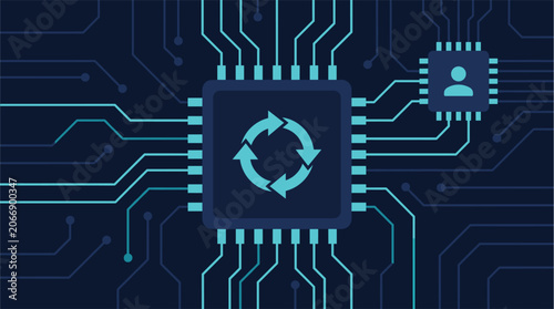 Futuristic neon circuit board microchip with sync and user icons flat design for web