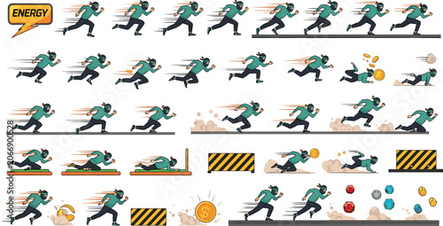 Foto Ninja character sprite sheet vector set with fast running dashing jumping over o