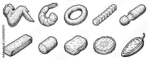 Fast food snacks icons set. Deep-fried appetizers concept. Includes chicken wing, fried shrimp, onion ring, french fry, mozzarella stick, fish stick, tater tot, chicken nugget, pickle chip,